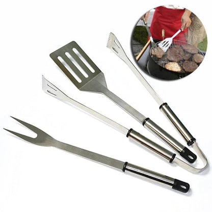 Stainless steel BBQ tool set with fork, tongs, and shovel for outdoor grilling and cooking