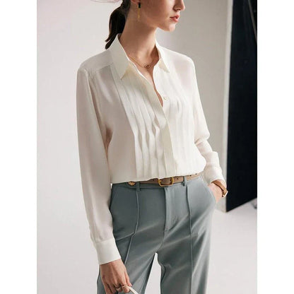 Elegant white blouse made from premium mulberry silk, designed with a sophisticated turn-down collar for the modern office lady