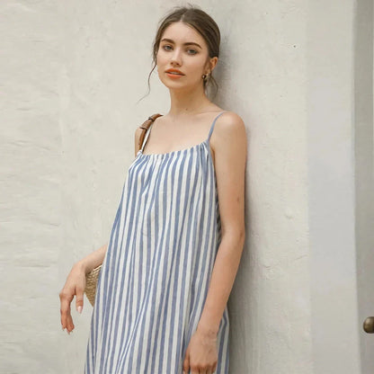 Chic striped cotton linen maxi dress with a flattering A-line silhouette and natural waistline