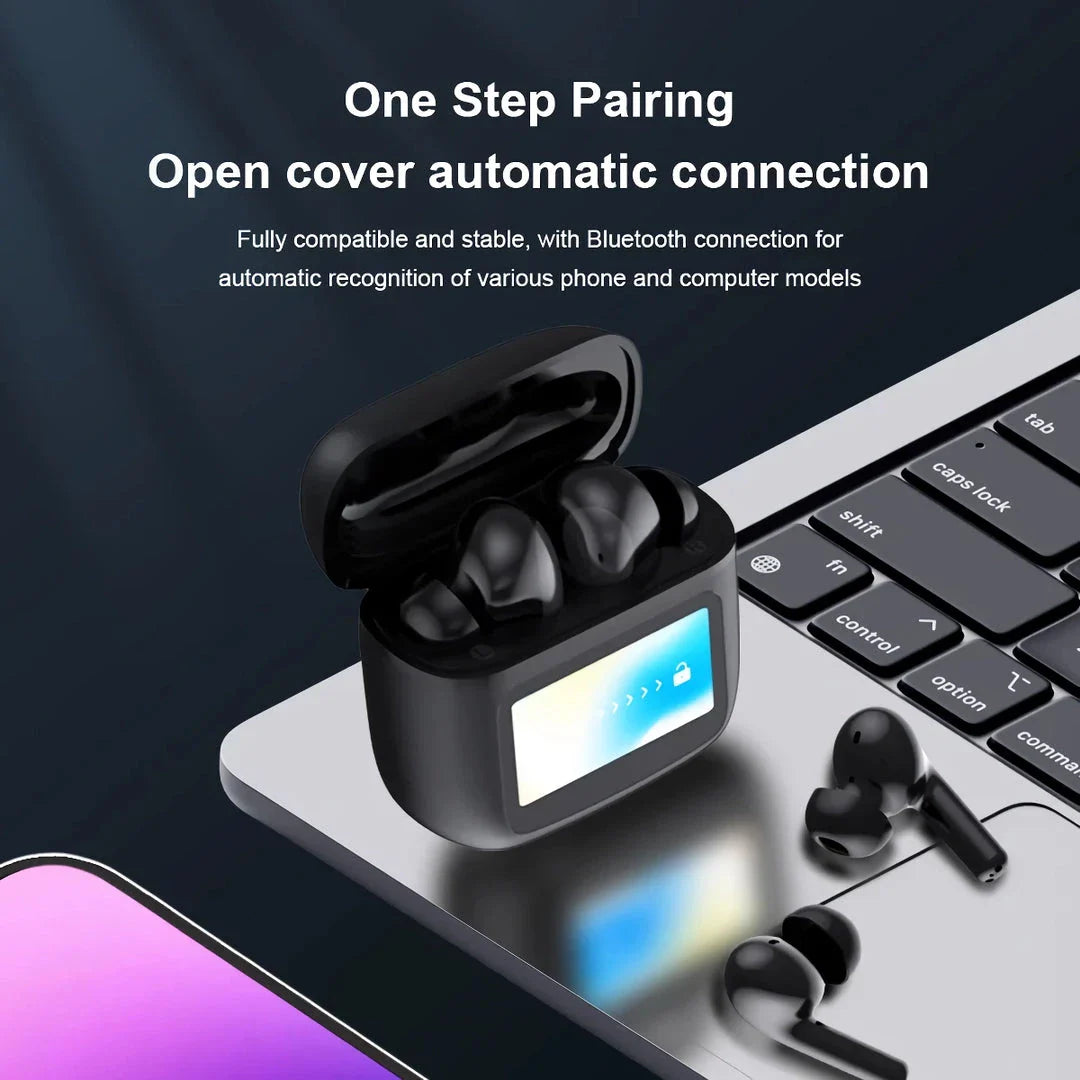 Advanced ANC wireless earphones with smart touchscreen charging case for seamless audio control