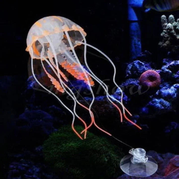 Glowing artificial jellyfish decoration with pulsing silicone tentacles and a fluorescent powder glow, ideal for aquariums and water features