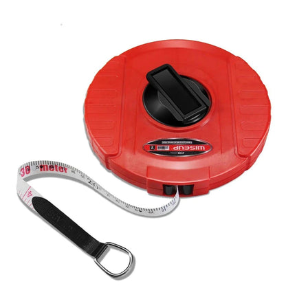 Heavy-duty fiberglass tape measure with double-sided printing and smooth manual crank for precise measurements in woodworking and construction projects