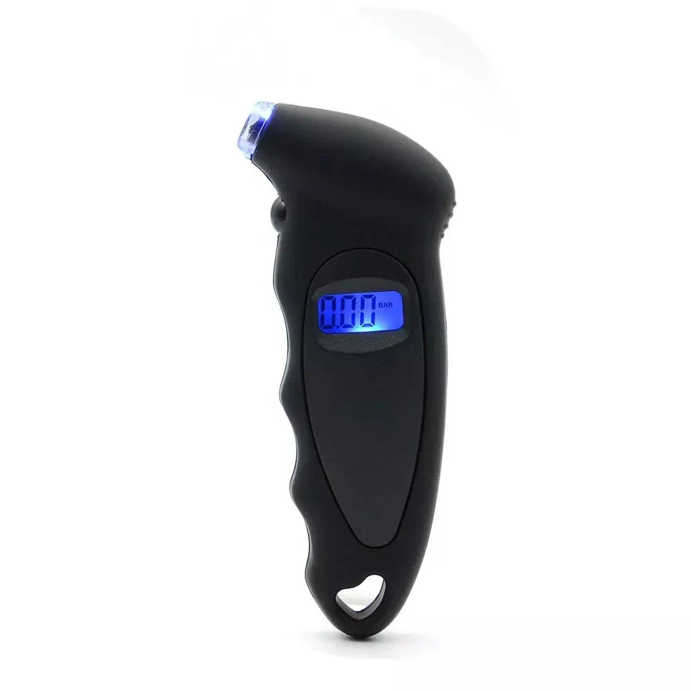 Digital tire pressure gauge with backlit LCD display, showing accurate readings in multiple units for various vehicle types.
