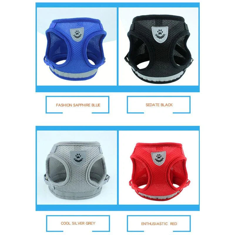 Adjustable reflective dog harness made of durable polyester material with reflective strips for enhanced visibility and safety during outdoor activities.