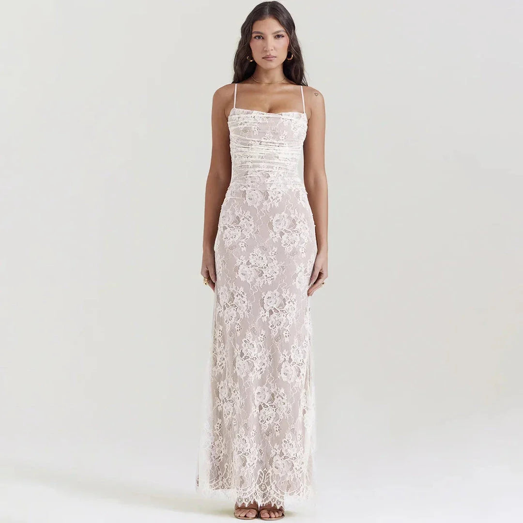 Elegant ivory lace 2-piece evening dress set with tie-up back and ankle-length silhouette
