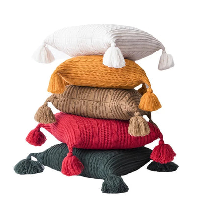 Elegant striped and tassel cushion cover in various sizes and colors for beds, sofas, and home decor