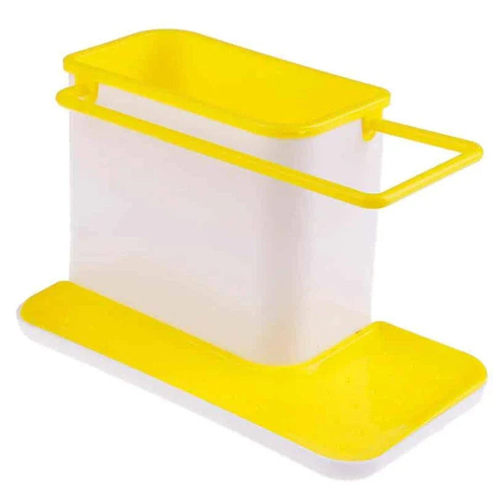 Multifunctional sink organizer with storage compartments, drying rail, and drip tray for a tidy kitchen countertop