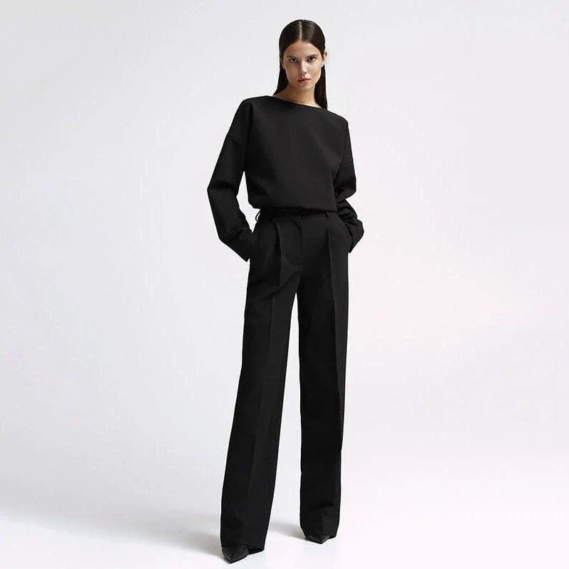 Elegant two-piece office suit with long-sleeve top and wide-leg pants, crafted from high-quality synthetic fiber for a sophisticated and comfortable look.