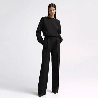 Elegant two-piece office suit with long-sleeve top and wide-leg pants, crafted from high-quality synthetic fiber for a sophisticated and comfortable look.