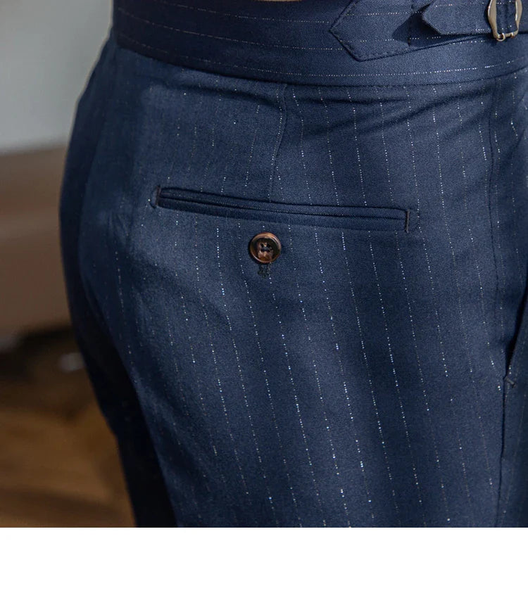 Men's premium Italian straight leg pants with gold and silver striped pattern, high-waisted design, and durable construction