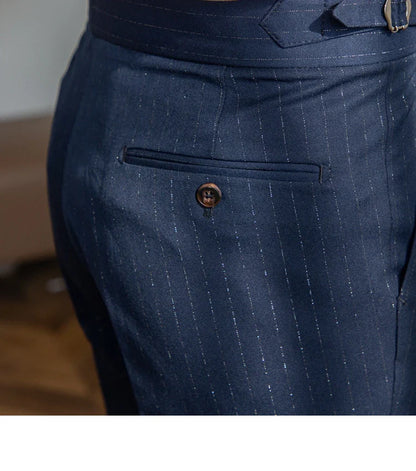 Men's premium Italian straight leg pants with gold and silver striped pattern, high-waisted design, and durable construction