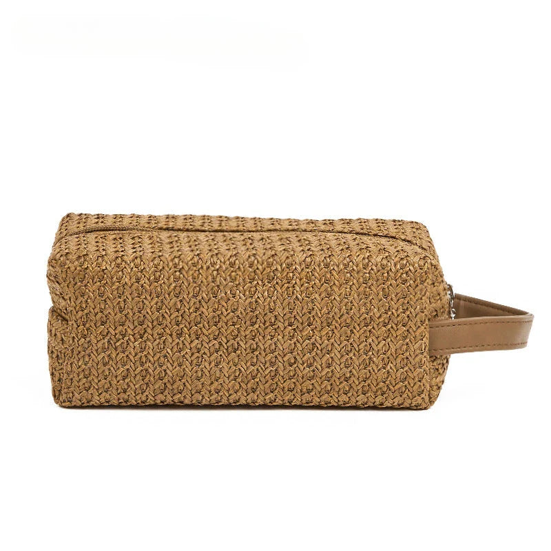 Elegant and Practical Cosmetic Bag made from high-quality straw material with a unique knitting pattern, providing ample storage and a stylish accessory for modern women.