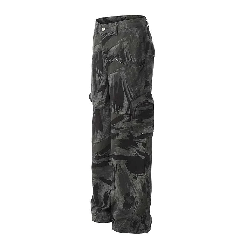 Graffiti camouflage print straight-leg jeans with a high-waist design for a flattering, comfortable fit