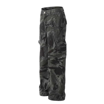 Graffiti camouflage print straight-leg jeans with a high-waist design for a flattering, comfortable fit