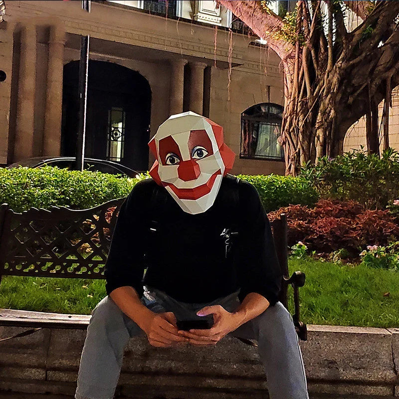 Handmade cardboard Smiling Scary Clown Cosplay Prop with unsettling features for Halloween decorations and costumes