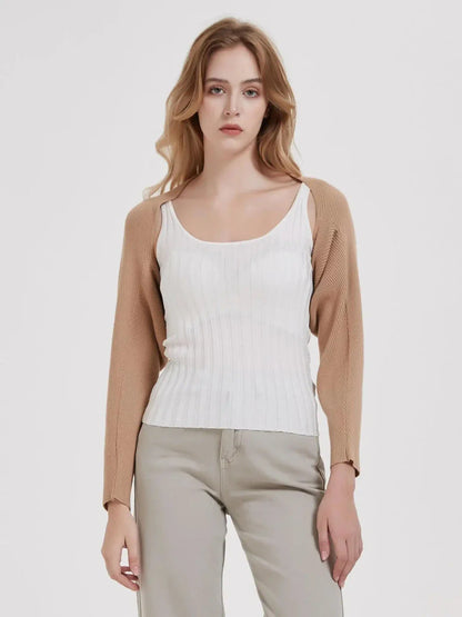 Cozy and chic long sleeve knit crop top cardigan in black, ivory, and camel colors