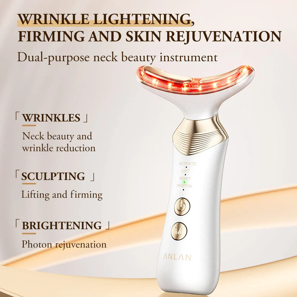 Dual Polar Neck & Face Lifting Device with 24K gold-plated contacts, multi-color phototherapy, and adjustable EMS settings for skin rejuvenation.