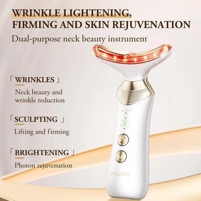 Dual Polar Neck & Face Lifting Device with 24K gold-plated contacts, multi-color phototherapy, and adjustable EMS settings for skin rejuvenation.