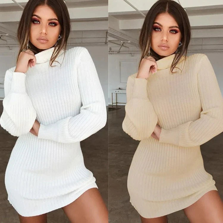Cozy long sleeve ribbed knit casual dress in solid colors for everyday wear and comfort