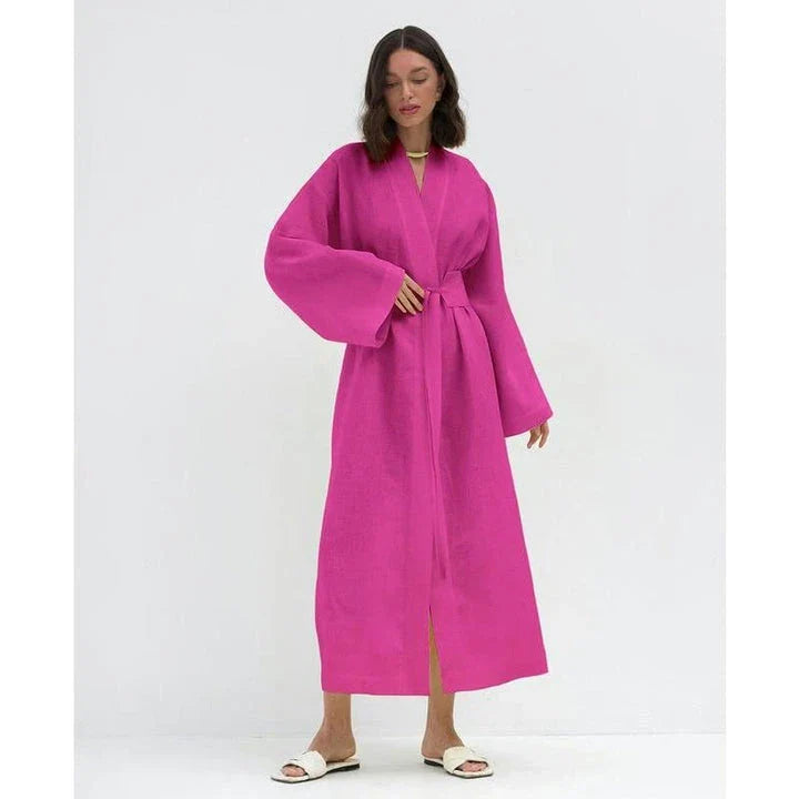 Elegant cotton linen long dress with a flattering A-line silhouette, V-neckline, and empire waistline for a timeless, versatile look.