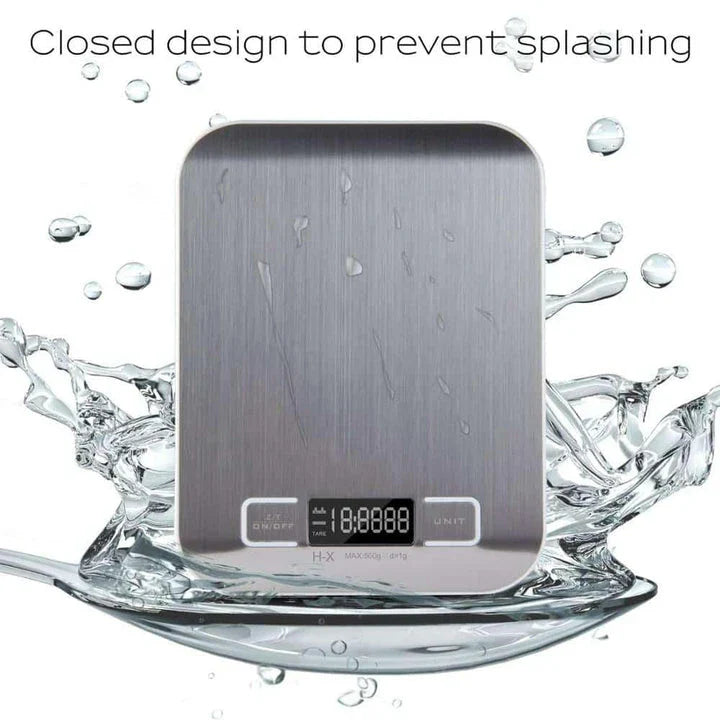 Precision digital kitchen scale with large LCD display, made of stainless steel and plastic for accurate meal preparation and cooking