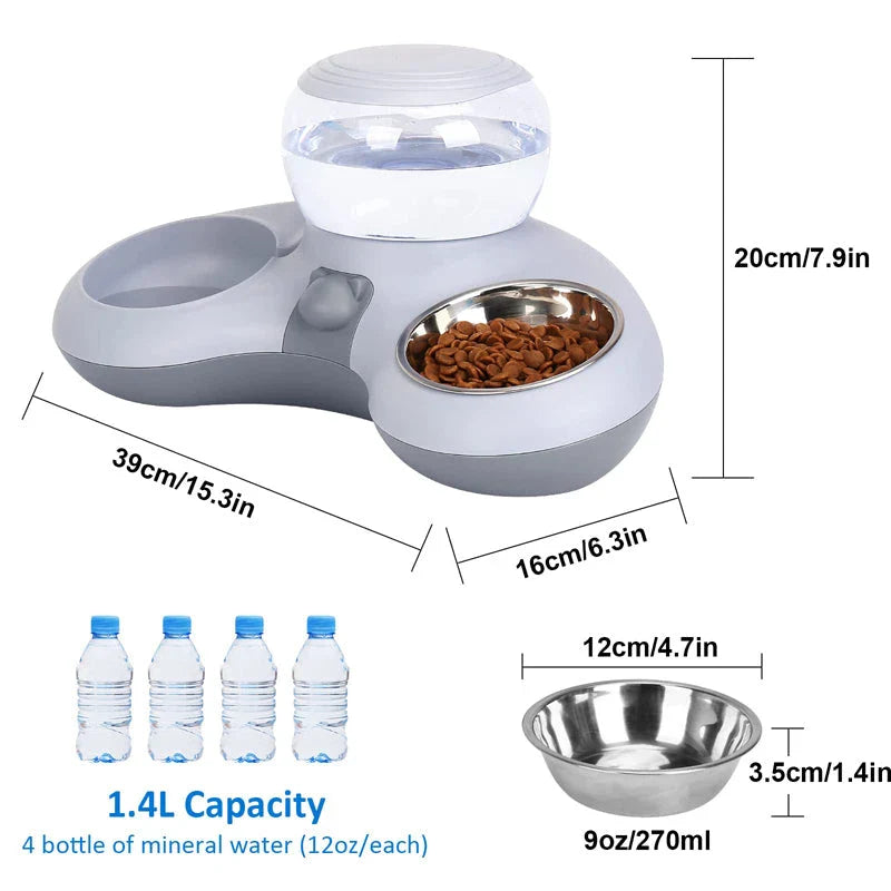 Automatic Pet Water Dispenser & Elevated Dual Cat Bowls - Gravity-fed water dispenser and tilted, elevated bowls for convenient and comfortable pet feeding