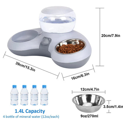 Automatic Pet Water Dispenser & Elevated Dual Cat Bowls - Gravity-fed water dispenser and tilted, elevated bowls for convenient and comfortable pet feeding