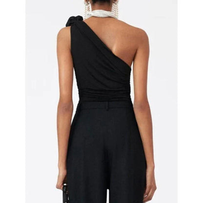 Chic diagonal shoulder knit tank top with 3D rose detail for a sophisticated yet playful summer style