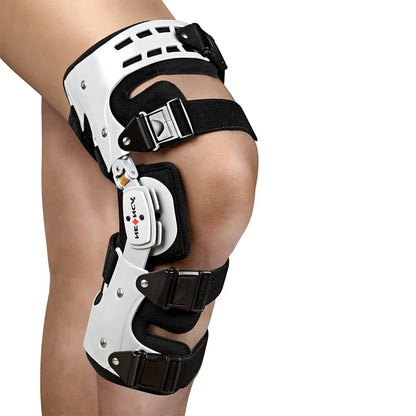 Adjustable knee brace with hinged stabilizer for enhanced recovery, featuring durable aluminum, breathable fabric, and customizable range of motion.