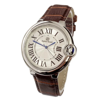 Stainless steel men's watch with large dial, calendar function, and adjustable band