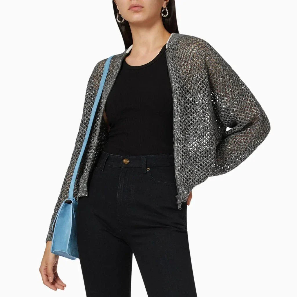 A stylish, sequin-embellished linen blend knit top with a flattering slim fit and sophisticated design.