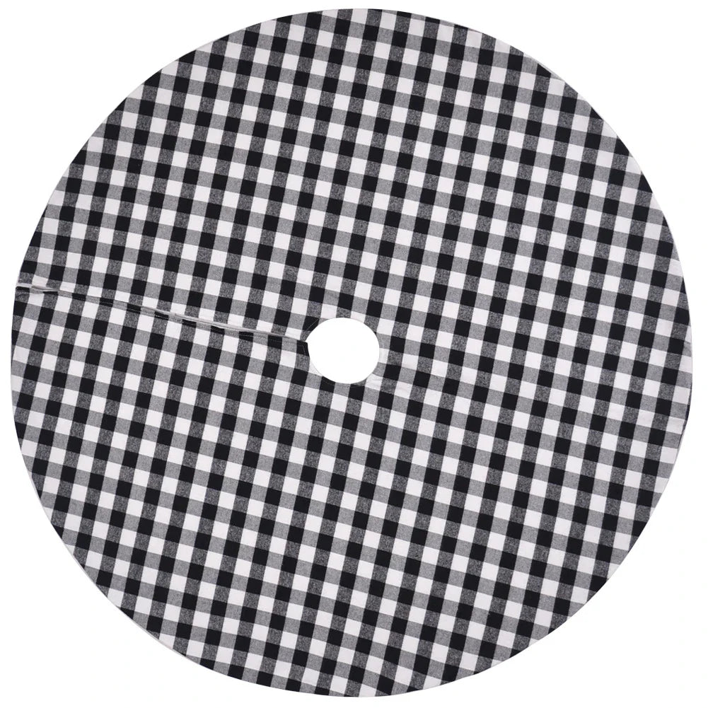 Premium black and white plaid Christmas tree skirt with classic pattern and durable non-woven fabric construction