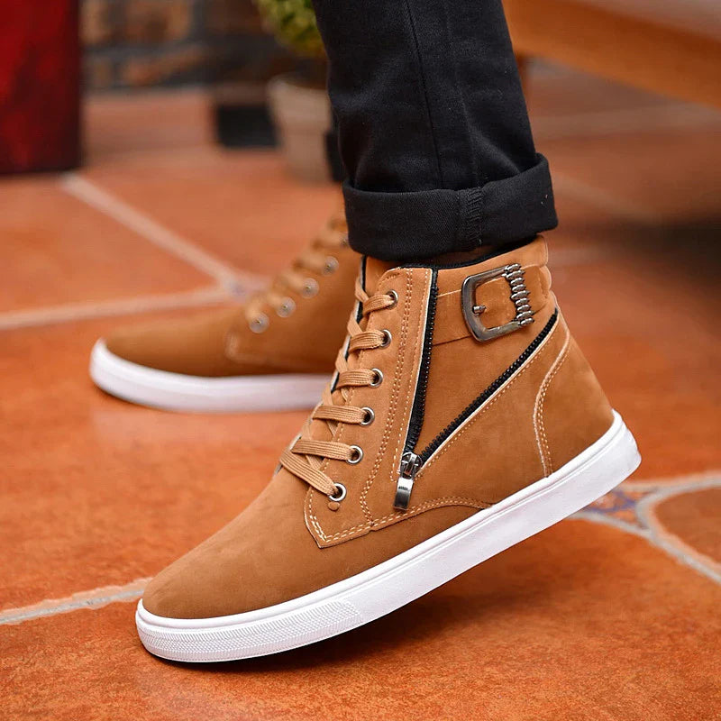 Stylish men's suede sneakers with a belt buckle detail, available in yellow, black, and dark blue colors.