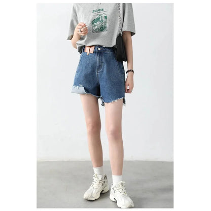 Women's Retro Blue High-Waisted Denim Shorts with Irregularly Cut Design and Cuff Details