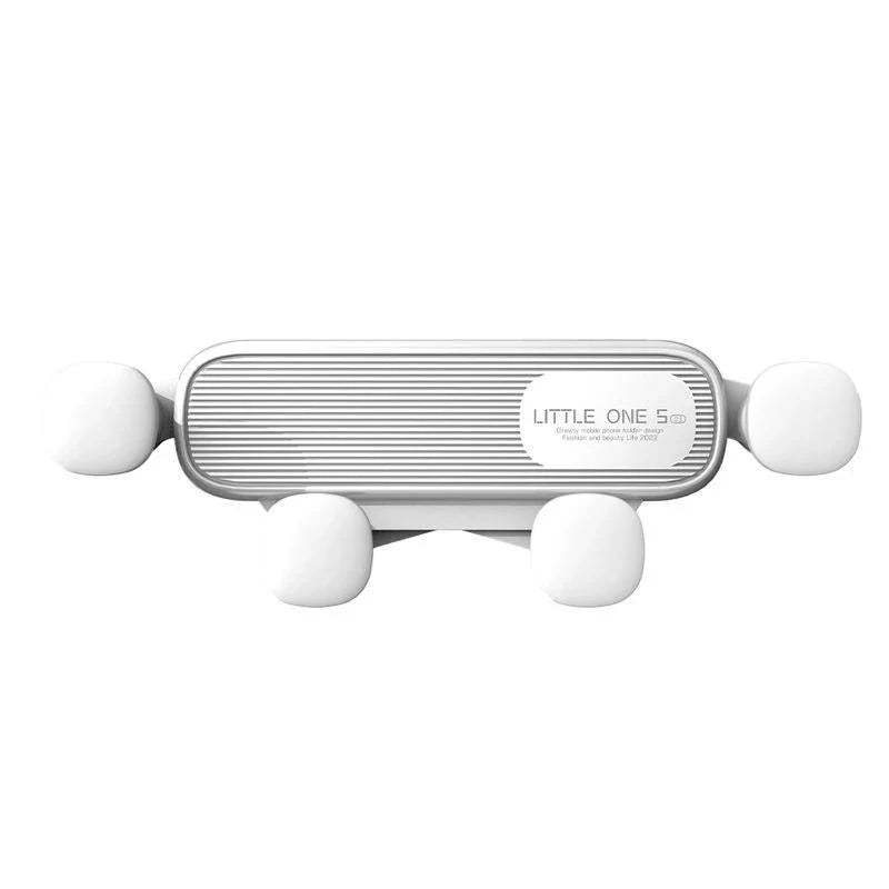 Gravity-powered car phone holder with air vent mount, securely holding a smartphone in place