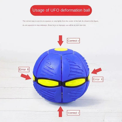 Transforming dog toy with UFO-shaped ball that changes shape for interactive outdoor play