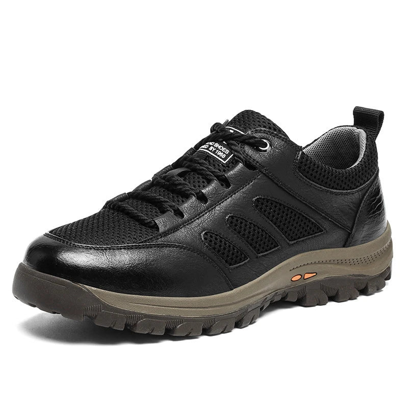 Breathable casual leather sports shoes for men in black and brown colors, featuring a mesh upper and flexible plastic sole for all-day comfort and style.