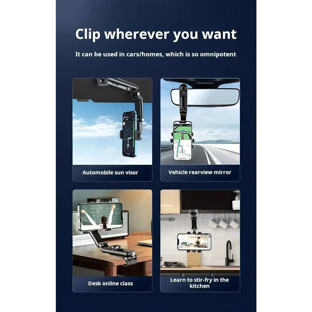 360-degree adjustable rearview mirror car phone mount with universal fit for smartphones