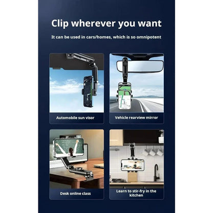 360-degree adjustable rearview mirror car phone mount with universal fit for smartphones