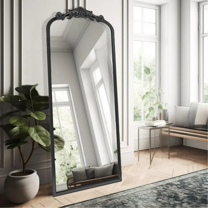 Elegant Arch Full-Body Wall Mirror with Vintage Ornate Frame - Durable Aluminum Construction, High-Definition Glass, Versatile Placement Options