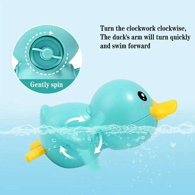 A set of colorful clockwork bathing ducks swimming in the water, providing fun and engaging bath time entertainment for children aged 0-6 years.