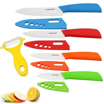 Vibrant ceramic knives in various colors, including red, blue, green, black, yellow, and orange, arranged on a white background.