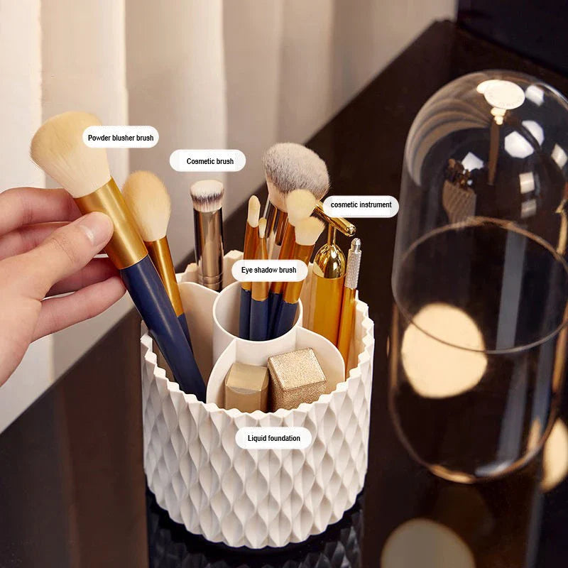 Deluxe 360-degree rotating makeup brush organizer box in white color, featuring a sleek and sophisticated design for efficient storage and organization of beauty tools.
