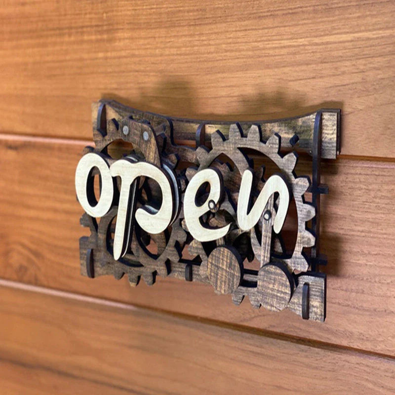 Hhomeenjoy US Rustic Wall-Mounted Open/Closed Hanging Sign with Gear Mechanism