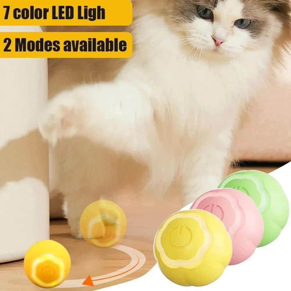 Interactive LED cat toy ball with automatic movements, smart obstacle avoidance, and colorful LED lights for engaging playtime