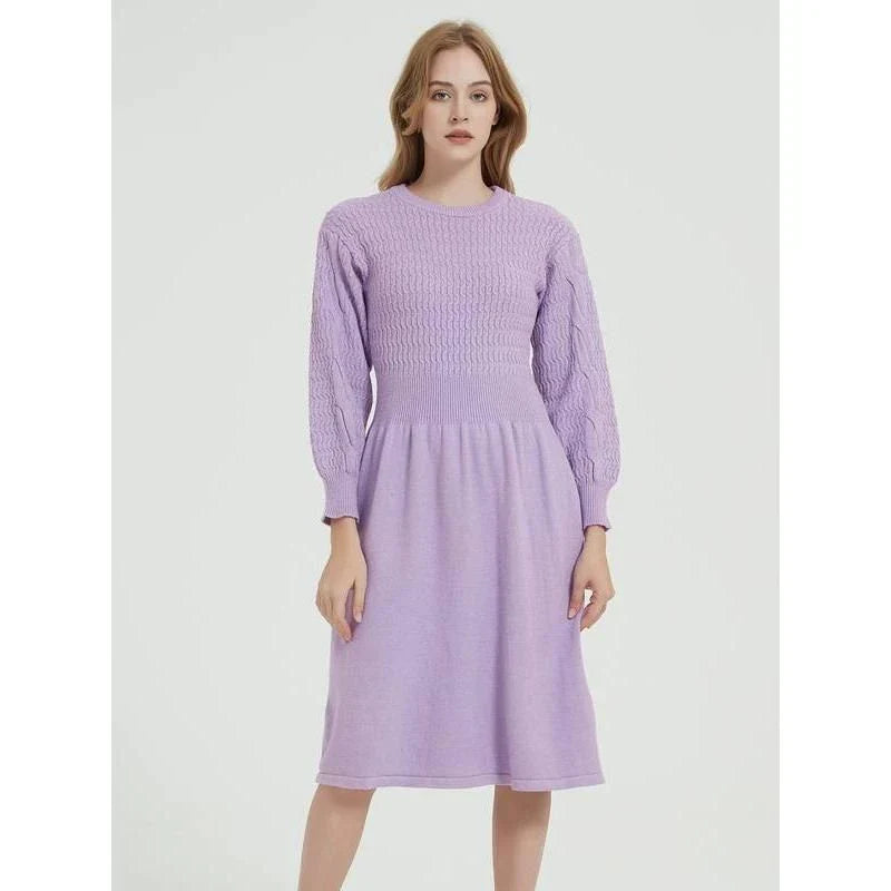 Elegant long sleeve knitted sweater dress in purple red with a classic A-line silhouette and mid-calf length