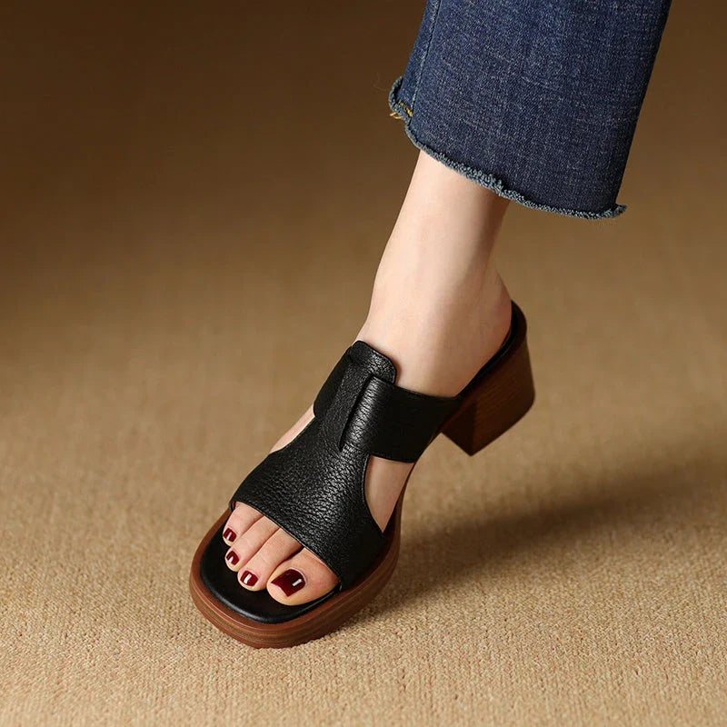Women's Leather Peep Toe High Heel Sandals in Black, featuring genuine leather upper, sheepskin lining, and stylish square heel design