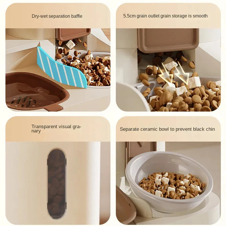 Ceramic and plastic automatic cat feeder with large water dispenser, providing hassle-free and healthy pet care