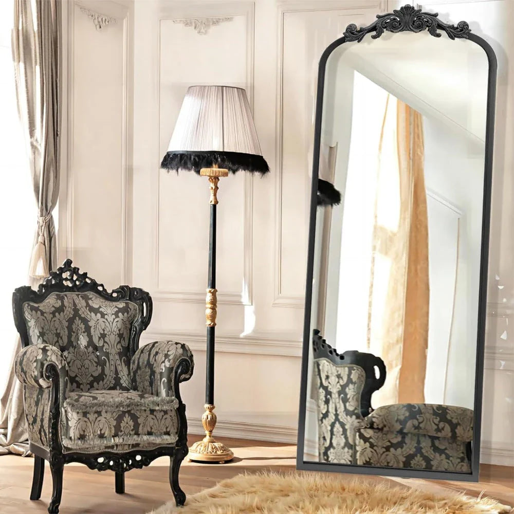 Elegant arch full-length wall mirror with a vintage-inspired ornate metal frame and high-definition glass for clear reflections