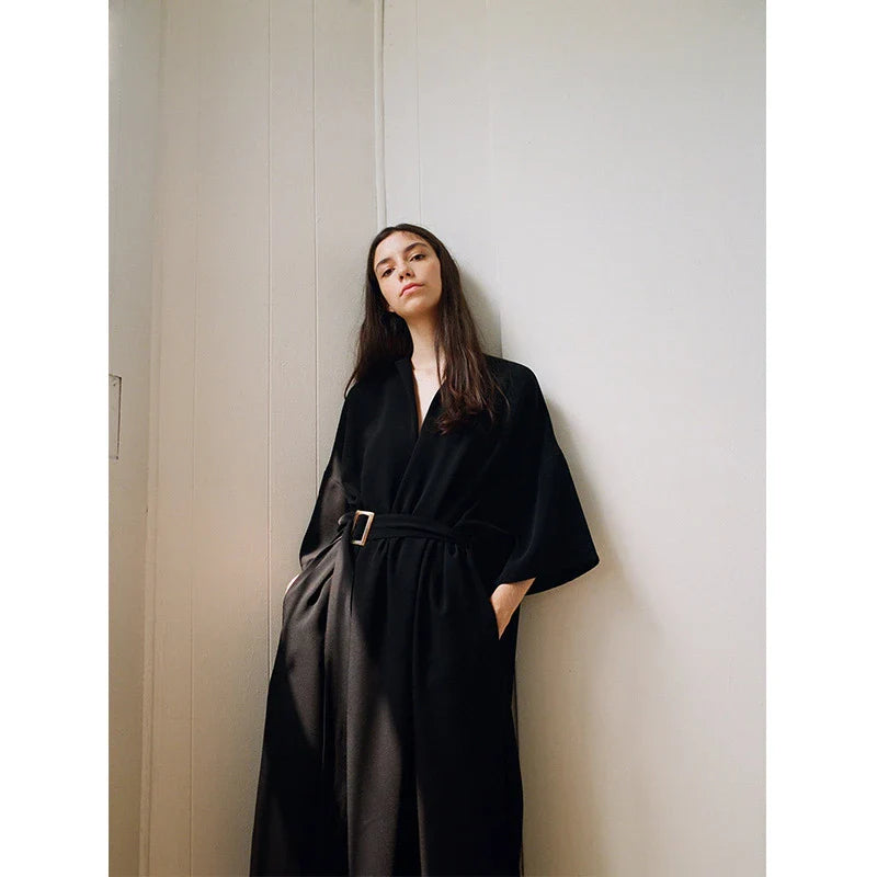 Elegant lace-accented mid-length dress in black, featuring a premium rabbit fur fabric and adjustable waist belt for a flattering silhouette.